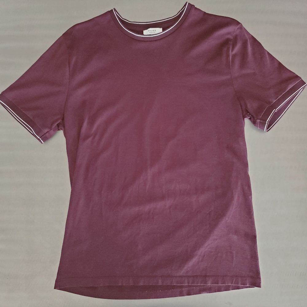 Reiss Men’s 100% Egyptian Cotton Maroon Ringer T-Shirt with Contrast Trim